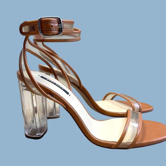 Zara lucite clear tan brown ankle strap block heels sandals size EU 39 US 8 - Picture 2 of 16